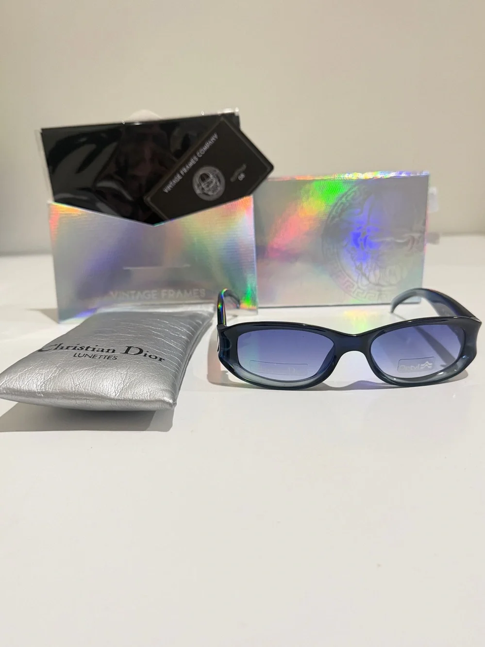 Vtg Christian Dior Chrystel 54Z Blue Gradient Sunglasses Y2K Deadstock Full Set